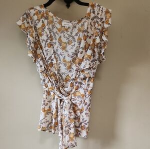 Max Studio White and Gold Floral Wrap Blouse